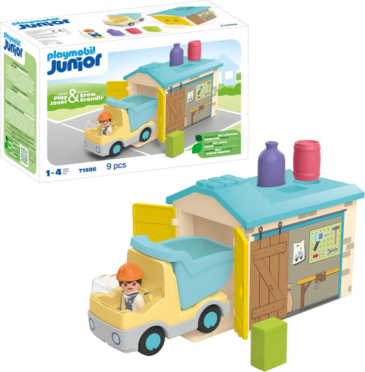 Playmobil 71686 JUNIOR: Caminhão com garagem de classificação, brinquedo educativo, feito com mais de 90% de plástico à base de plantas, dramatização divertida e imaginativa, conjunto de brinquedos adequado para crianças de 1 ano ou mais