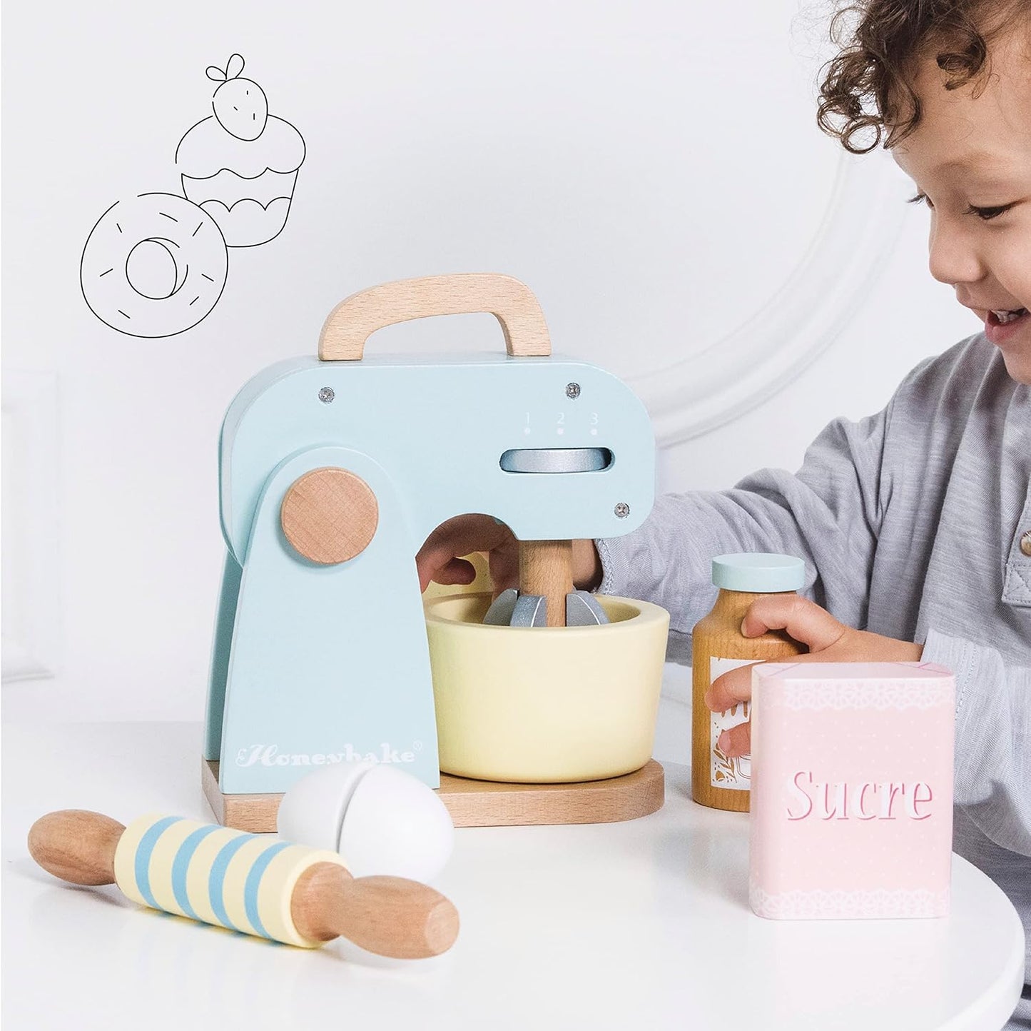 Le Toy Van - Conjunto de brinquedos de simulação de misturador de madeira Honeybake | Acessórios de cozinha para brinquedos de dramatização infantil