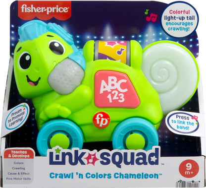 Fisher-Price Brinquedo de aprendizagem para bebês Link Squad Crawl ‘n Colors Camaleão com música e luzes para idades de 9+ meses, versão em inglês do Reino Unido, compatível apenas com itens Link Squad, HYL21