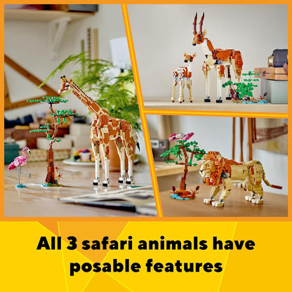 LEGO Criador 3 em 1 animais selvagens de safari, brinquedo de girafa para figuras de gazela para modelo de leão, conjunto para crianças, meninas e meninos de 9 anos ou mais, inclui flamingo e borboleta, presentes da natureza