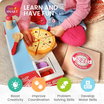 Bee Smart Conjunto de comida Wooden Pizza Play Shop mais de 30peças Crianças brincam com comida, forno de pizza e acessórios Kit de cozinha para dramatização infantil e brincadeiras imaginárias Presentes de aniversário para crianças