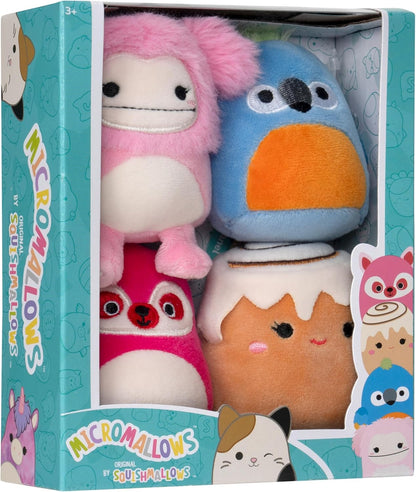 Squishmallows Micromallows Original 4-Pack - Brina Bigfoot, Chanel Cinnamon Roll, Lucia Lemur, Tenise Parrot