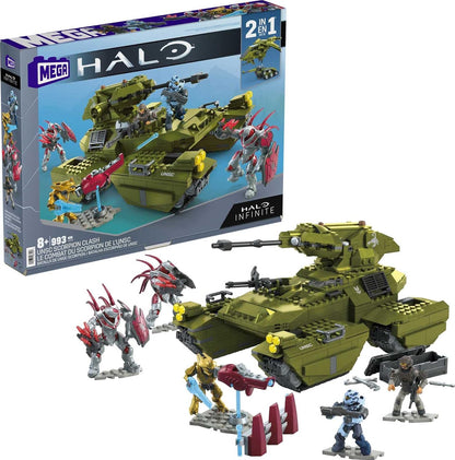 Mega Conjunto de construção de veículos de brinquedo Halo Infinite, UNSC Scorpion Clash com 993 peças, 5 microfiguras de ação e acessórios, ideias de presentes para crianças