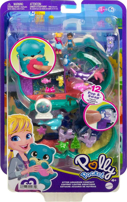 Polly Pocket Otter Aquarium Compact, Toy Surprises, 12 acessórios para brinquedos pop e swap, 2 bonecas Polly Pocket, brinquedos para maiores de 4 anos, um playset Polly Pocket, HCG16