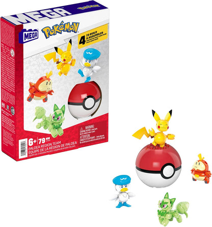 MEGA Brinquedos de construção de bonecos de ação Pokémon para crianças, equipe da região de Paldea com 79 peças, Pikachu Fuecoco Sprigatito e Quaxly, e 1 Pokébola, HPX92