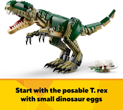 LEGO Criador 3 em 1 T. rex para Triceratops para brinquedos de pterodáctilo, figuras de dinossauros para meninos e meninas de 9 anos ou mais, conjunto de construção de modelo de brinquedo Dino ajustável, ideia