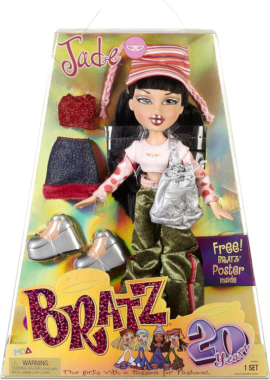 Bratz 20 Yearz Special Edition Original Fashion Doll Jade - Embalagem holográfica e pôster - Motivo 20 Yearz, Fan Fave Rerelease 2001 Réplica - Inclui 2 roupas, sapatos, etc., 9 x 9 x 11,5 polegadas