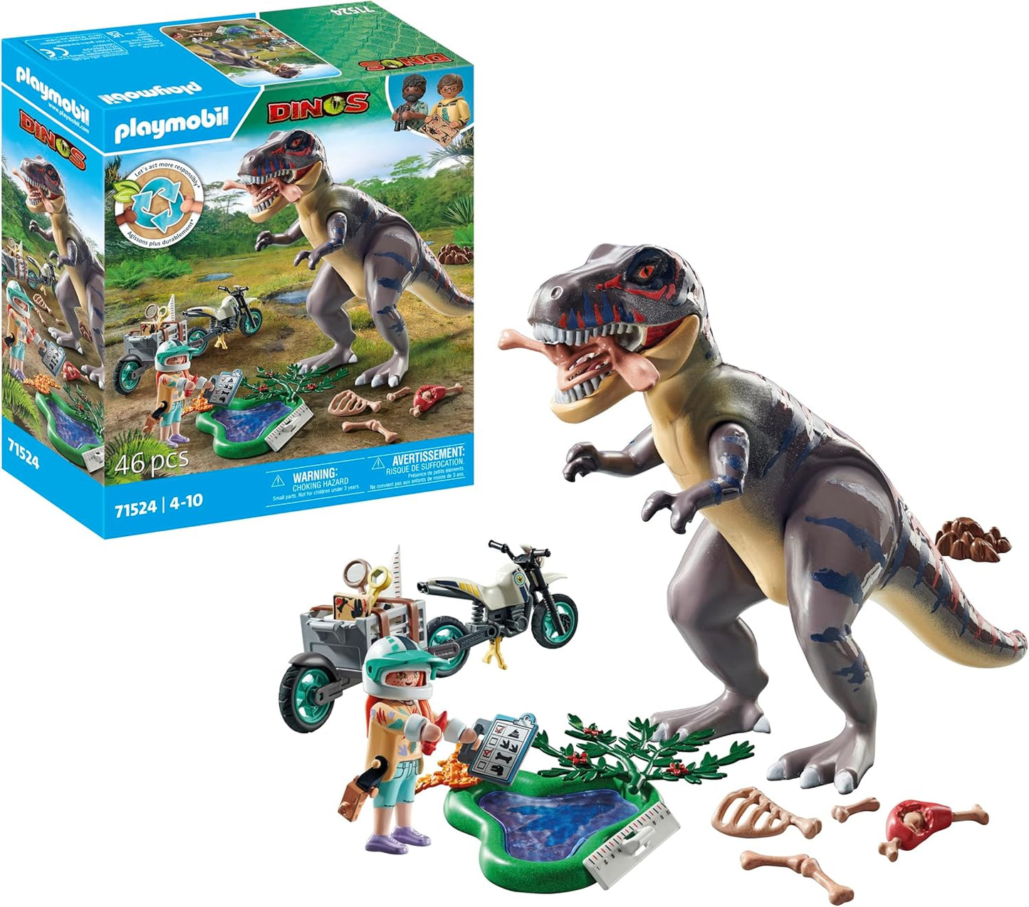 Playmobil 71524 Dinos: T-Rex Trace Path, emocionante busca pelo Tiranossauro Rex, com motocicleta, câmera e ossos de dinossauro reais, conjuntos de jogos sustentáveis adequados para crianças a partir de 4 anos