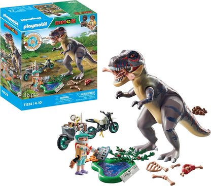 Playmobil 71524 Dinos: T-Rex Trace Path, emocionante busca pelo Tiranossauro Rex, com motocicleta, câmera e ossos de dinossauro reais, conjuntos de jogos sustentáveis adequados para crianças a partir de 4 anos