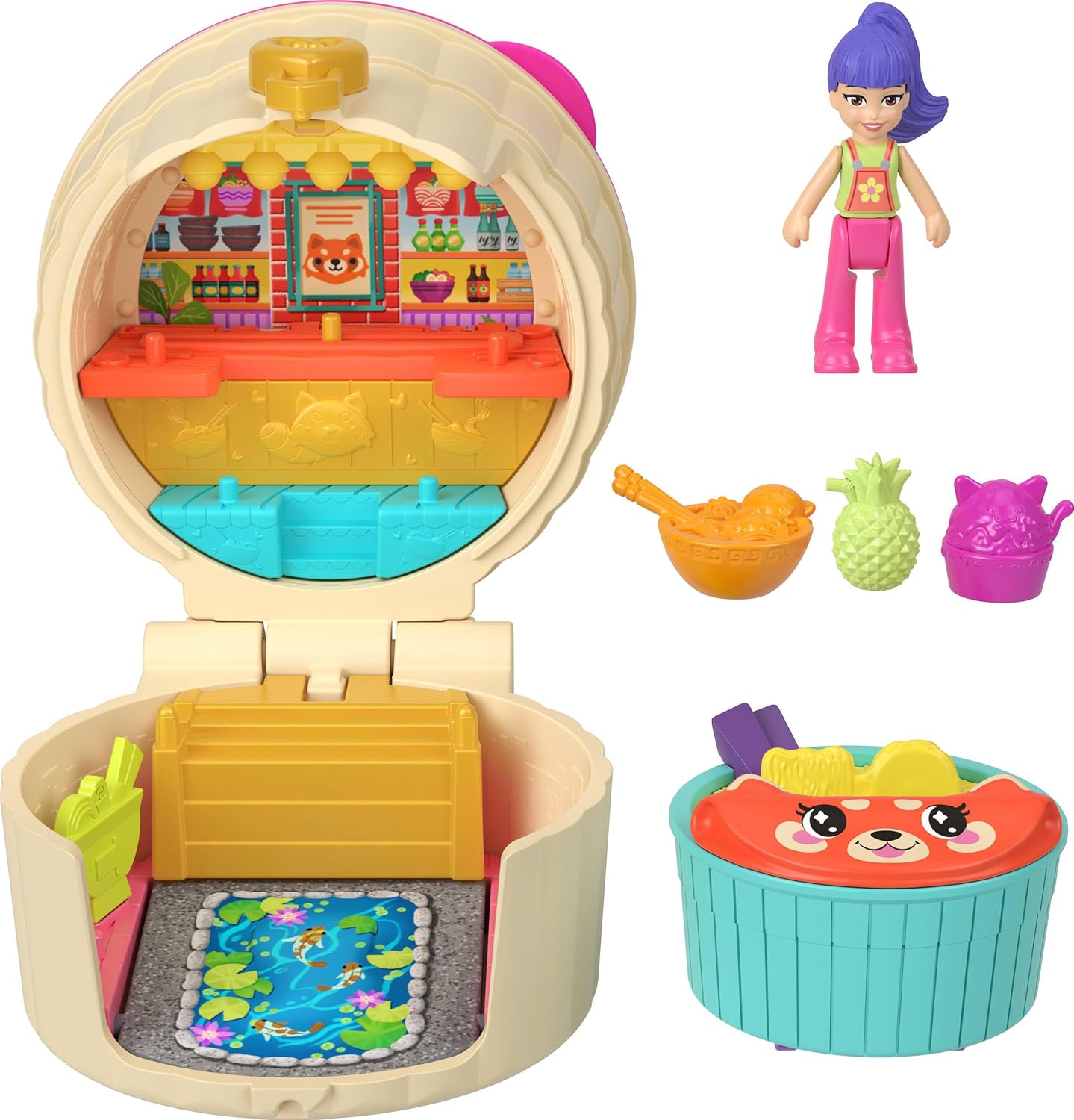 Polly Pocket Micro Dolls e compactos com carros de brinquedo, coleção de veículos com tema alimentar, variedade de revelação de pequenas retiradas com surpresas, JCR44