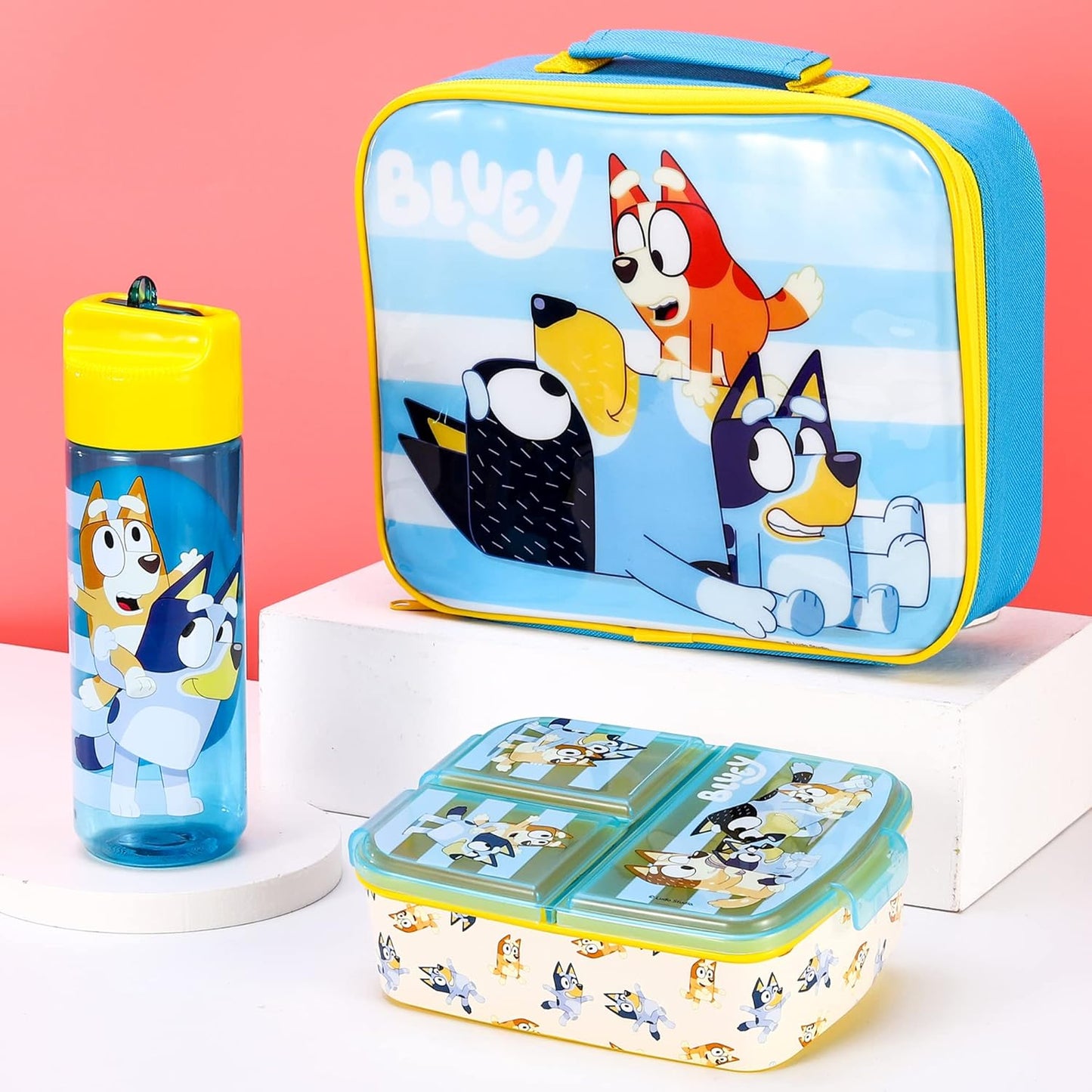 Zawadi Global Conjunto de lancheira infantil Bluey Kids - lancheira isolada, lancheira com vários compartimentos e garrafa de água de 540 ml - conjunto de comida para almoço de viagem escolar, sem BPA