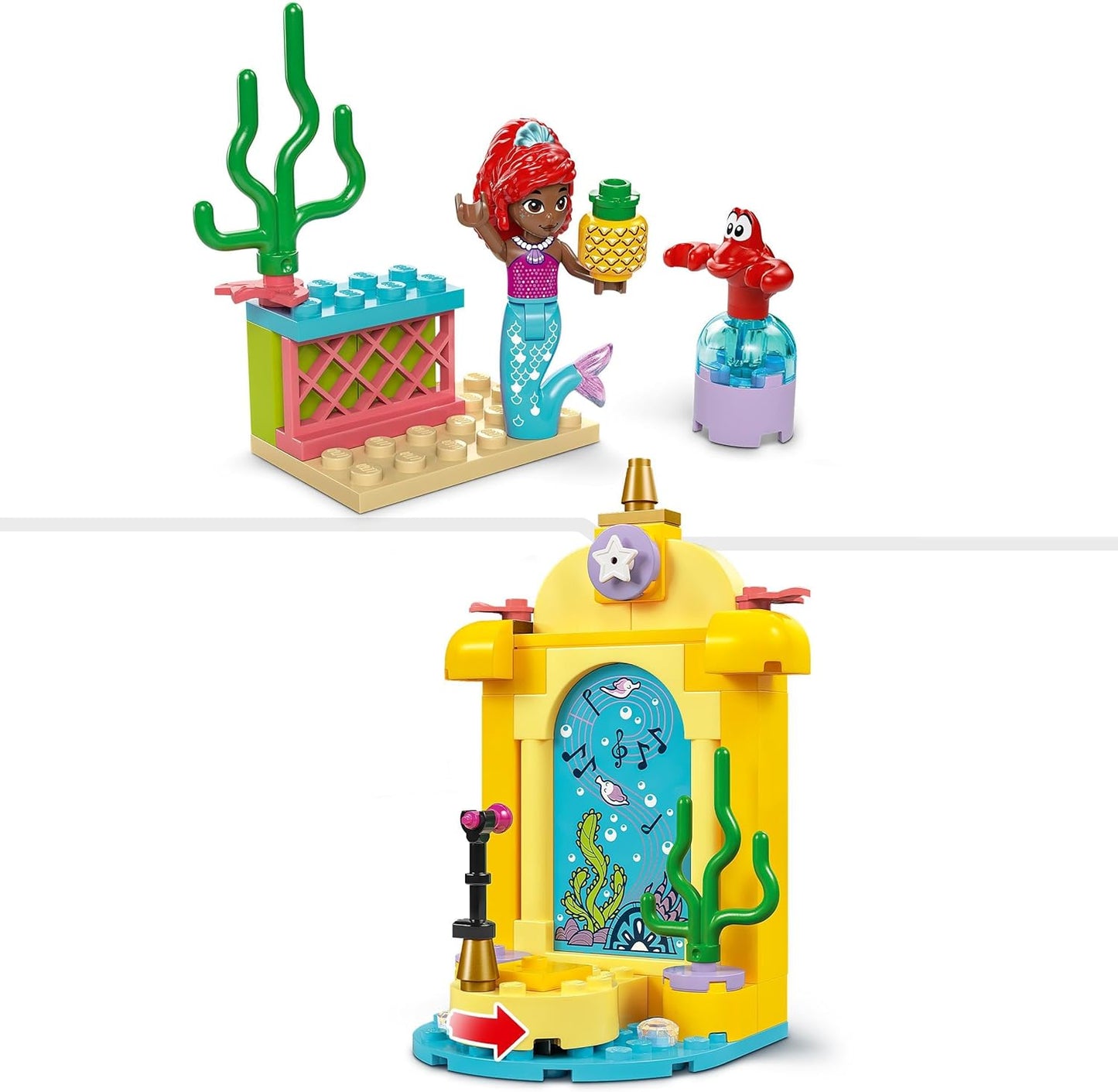 LEGO ǀ Palco musical da princesa Ariel da Disney, brinquedo montável para crianças, com personagem miniboneca e figura de animal Sebastian, ideia divertida de presente para fãs de programas de TV, meninas e meninos com mais de 4 anos 43235