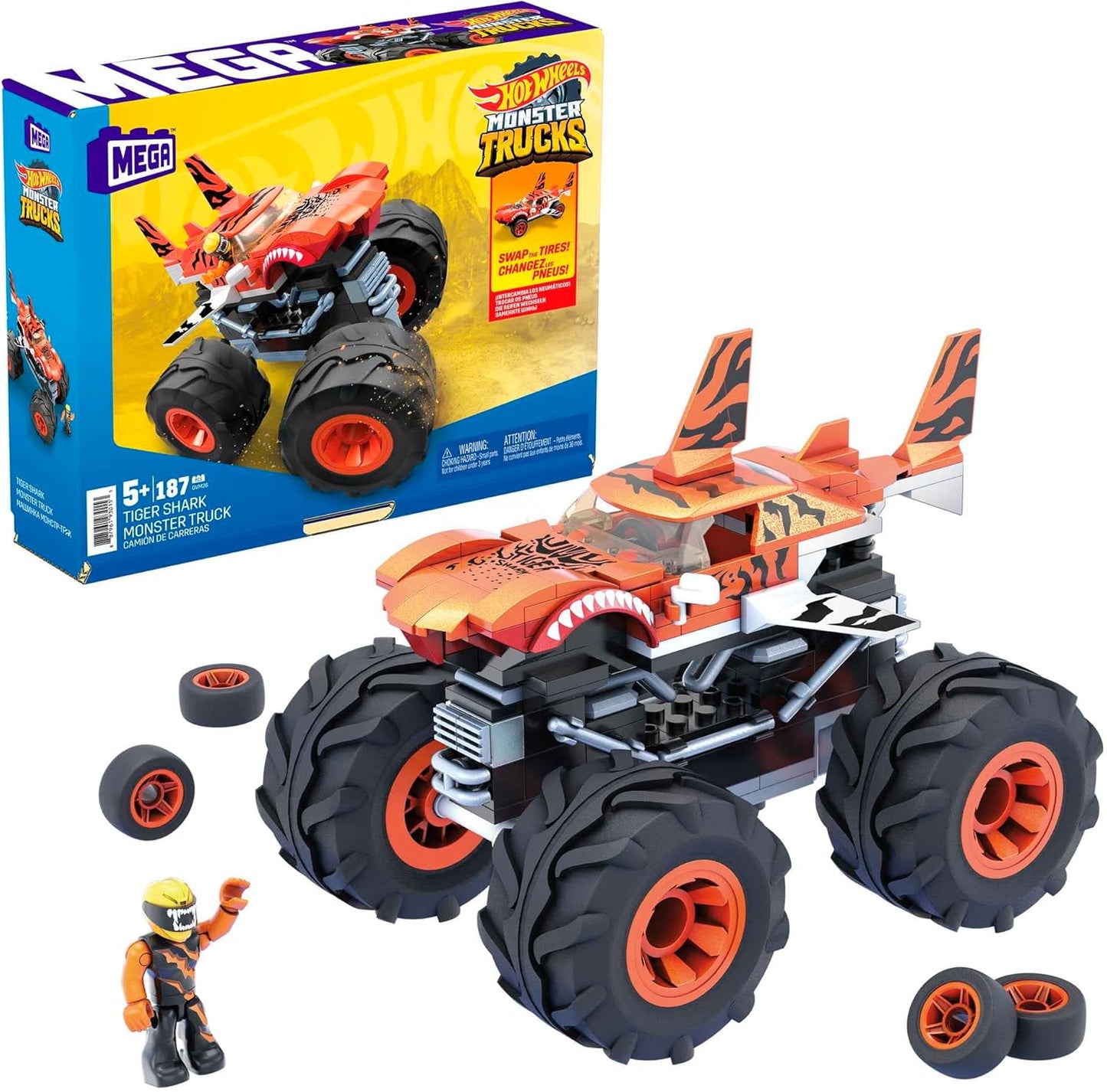 MEGA Brinquedos de construção de caminhão monstro Hot Wheels, tubarão tigre com 1 driver de micro figura de ação, rodas gigantes e pintura listrada de tigre, GVM26