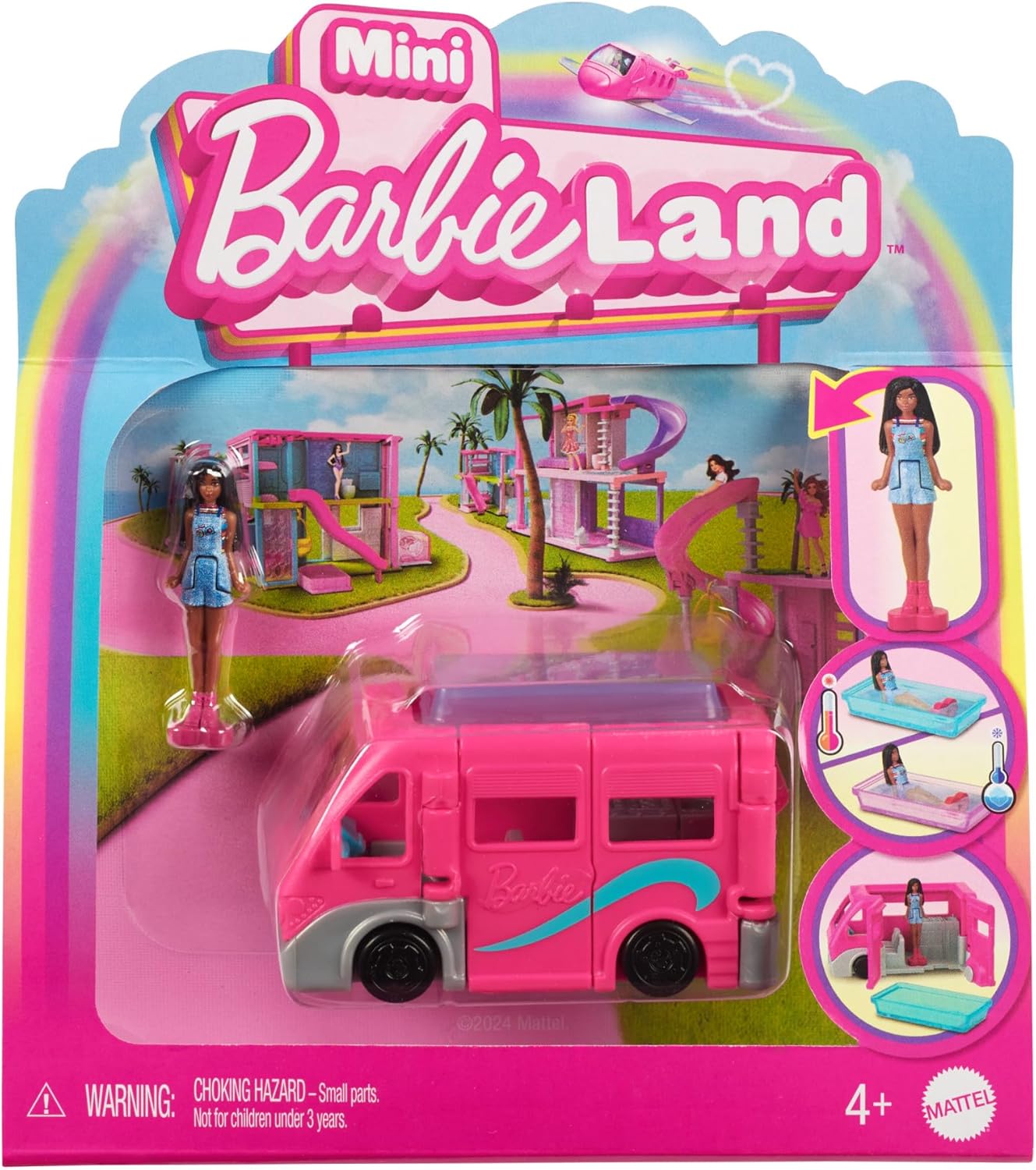 Barbie Mini BarbieLand Boneca e Conjunto de Veículo de Brinquedo, Boneca Barbie de 1,5 polegadas e DreamCamper com Portas Funcionais e Piscina que Muda de Cor, HYF39