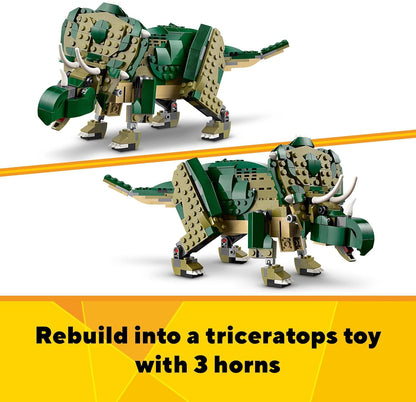 LEGO Criador 3 em 1 T. rex para Triceratops para brinquedos de pterodáctilo, figuras de dinossauros para meninos e meninas de 9 anos ou mais, conjunto de construção de modelo de brinquedo Dino ajustável, ideia