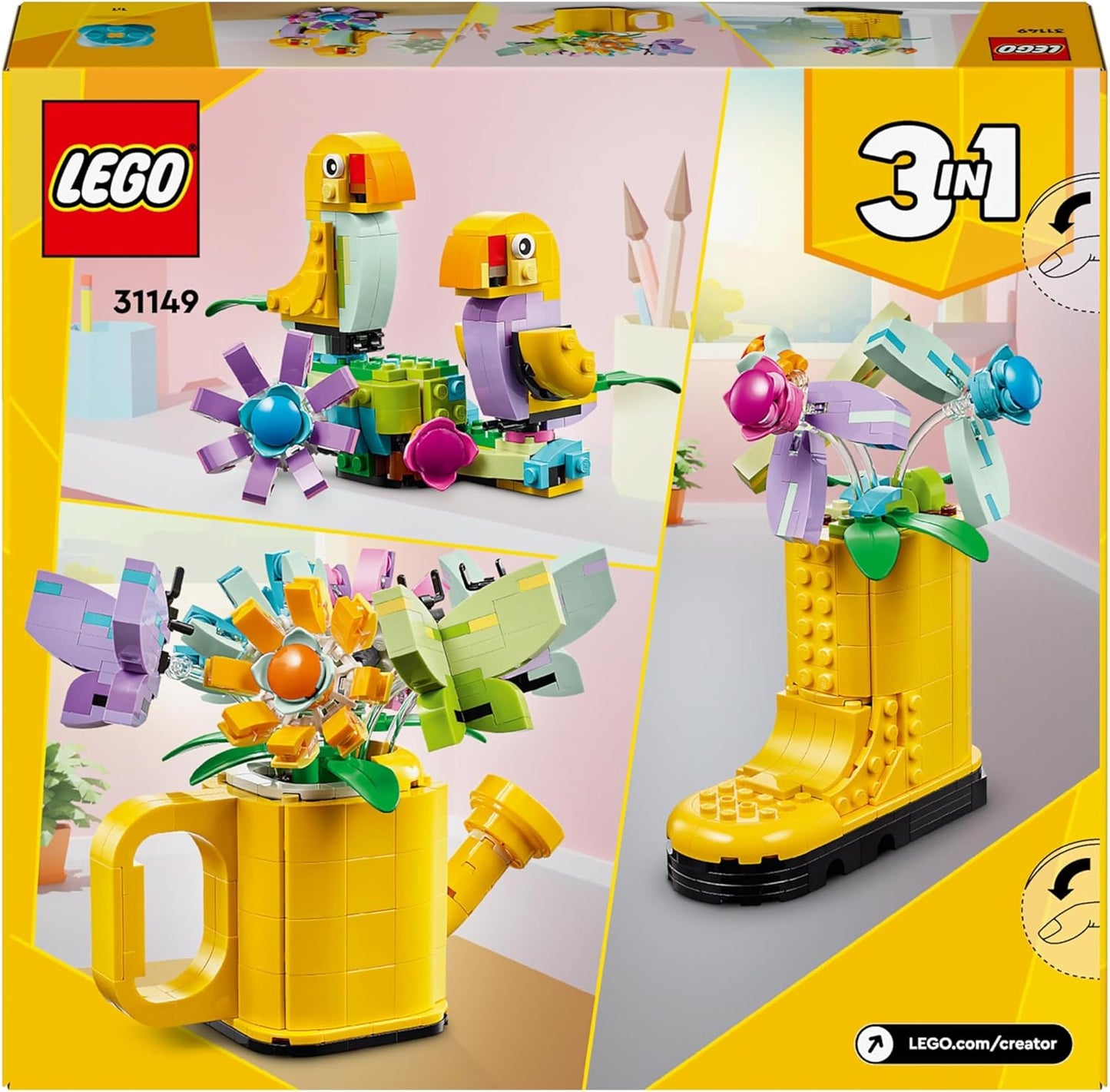 LEGO Criador 3 em 1 flores em regador brinquedo do Welly Boot para 2 pássaros em um poleiro, conjunto de animais para meninas, meninos e crianças, com 3 brinquedos de borboleta, é um ótimo acessório de mesa, presente da natureza 31149