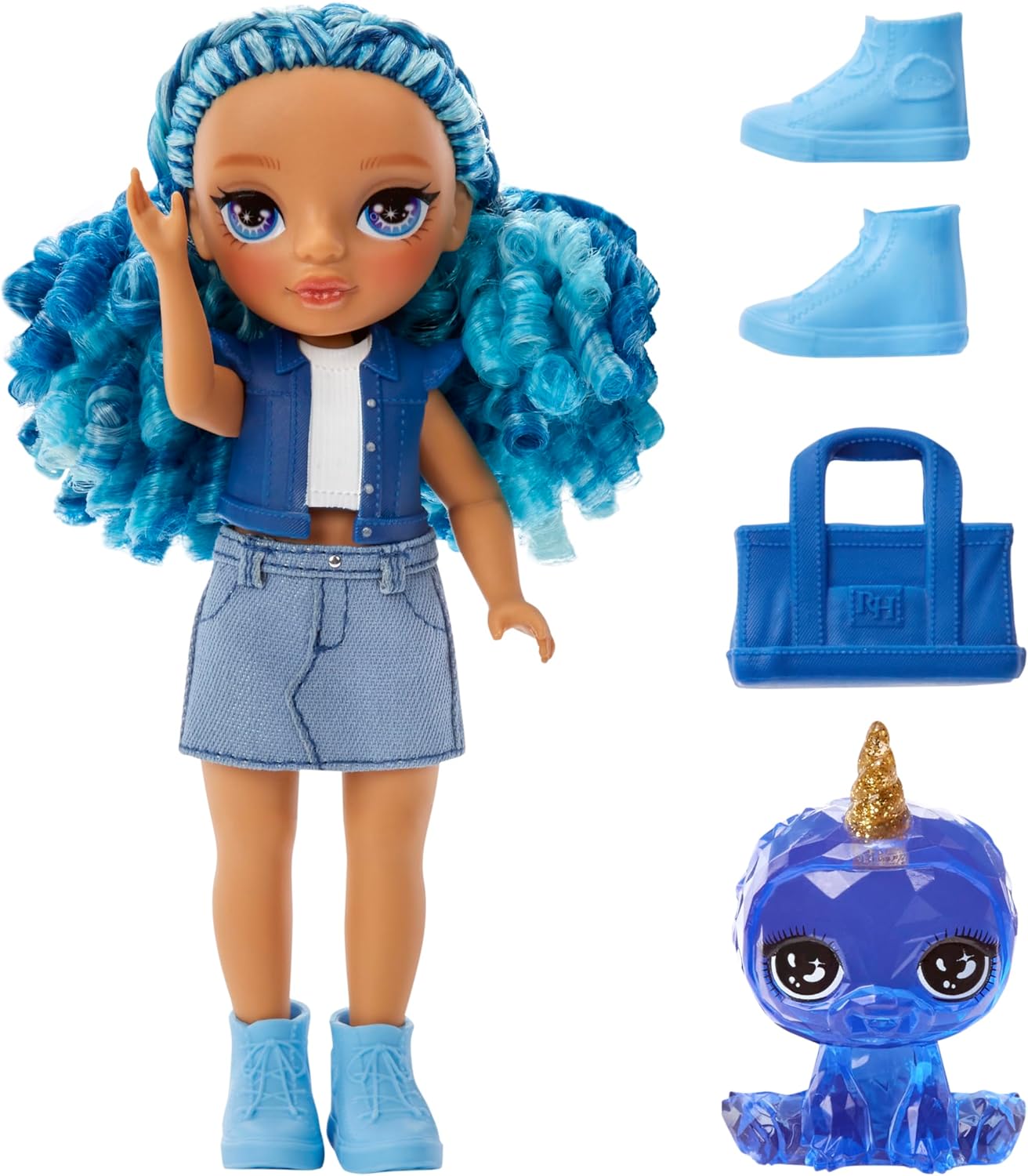 Rainbow High Littles - Sapphire Bradshaw - Boneca fashion pequena e posável - Boneca azul de 14 cm de altura com bolsa e Yeti de estimação mágico - Adequado para crianças e colecionadores