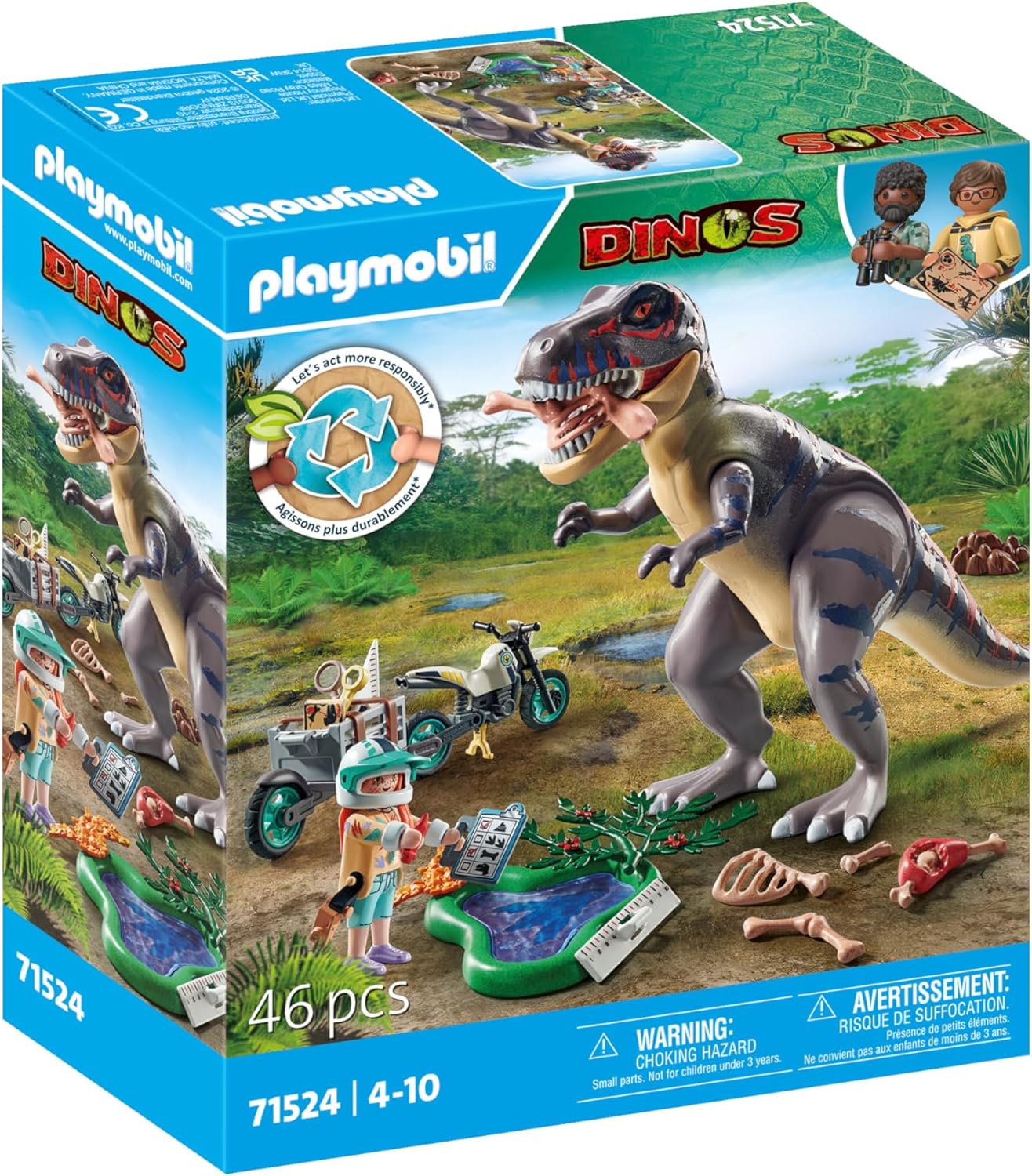 Playmobil 71524 Dinos: T-Rex Trace Path, emocionante busca pelo Tiranossauro Rex, com motocicleta, câmera e ossos de dinossauro reais, conjuntos de jogos sustentáveis adequados para crianças a partir de 4 anos