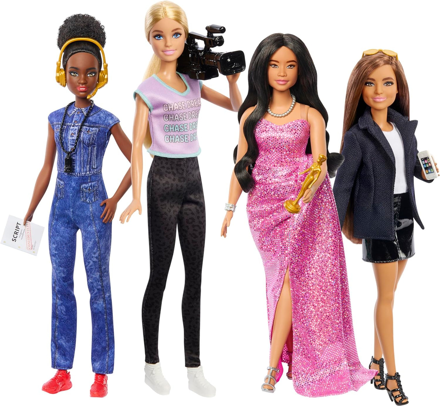 Barbie Conjunto de 4 bonecas e acessórios Careers, Mulheres no cinema com executivo de estúdio, diretor, diretor de fotografia e estrela de cinema em looks removíveis, HRG54