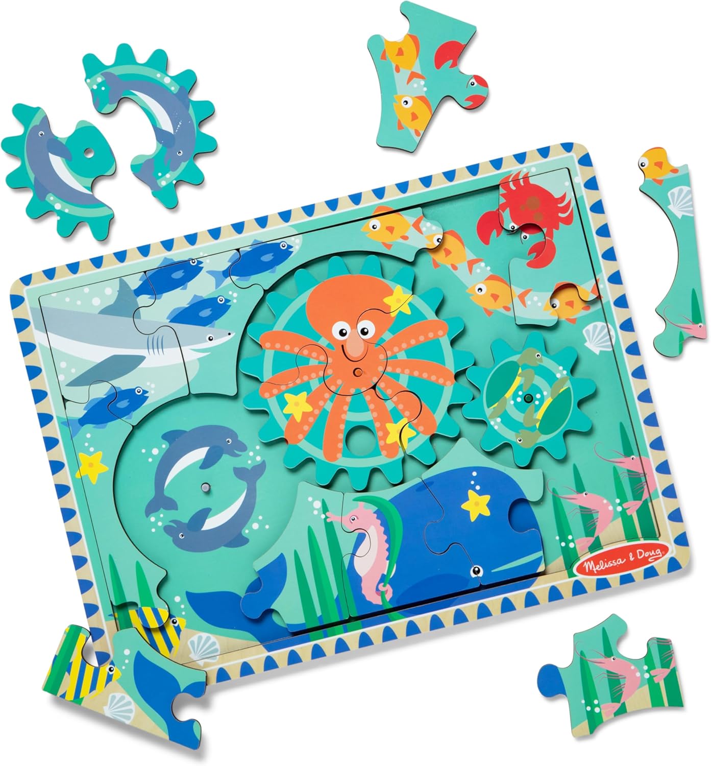 Melissa & Doug Wooden Underwater Jigsaw Spinning Gear Puzzle - 18 peças, quebra-cabeças para crianças de 3 anos, quebra-cabeça de madeira, brinquedos Montessori, quebra-cabeças infantis