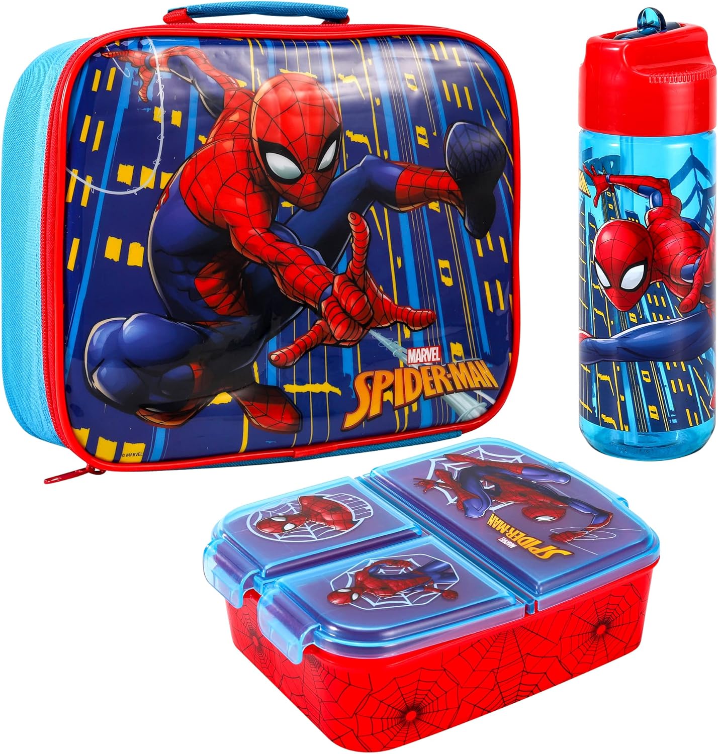 Zawadi Global Conjunto de lancheira infantil Spiderman Kids - lancheira isolada, lancheira com vários compartimentos e garrafa de água de 540 ml - conjunto de comida para almoço de viagem escolar,