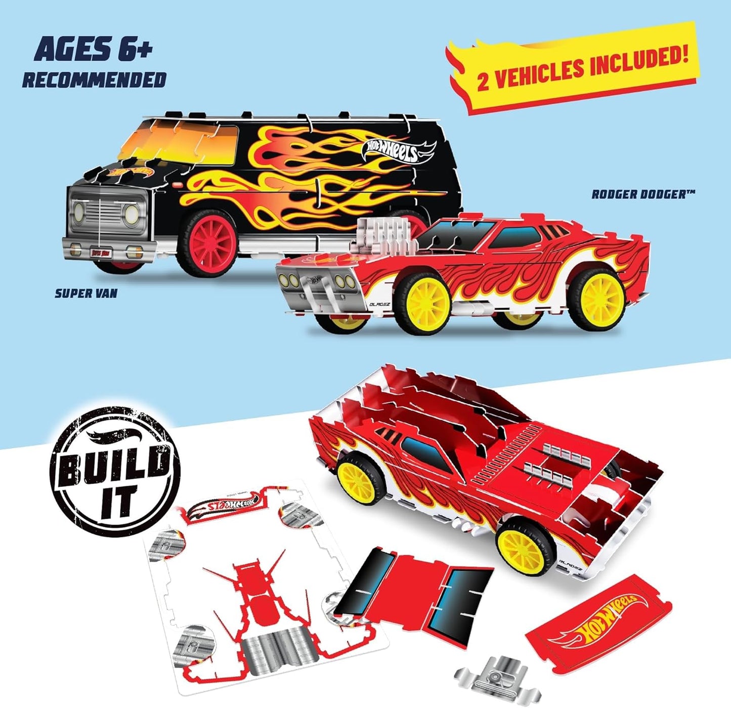 BLADEZ Hot Wheels Toyz Pull Back Racer Kit Set - Street Racers Twin Pack com Roger Dodger Car e Super Van - Hot Wheels Maker Kitz - Fácil de construir Diversão ecológica e aprendizagem STEM para crianças