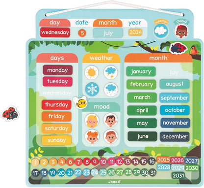 Janod J05459 Calendario versión francesa - 71 imanes - Juego educativo - Comprender mejor el concepto de tiempo y ganar autonomía - Juguete de cartón FSC - a partir de 3 años - J05459, Multicolor