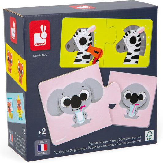 Janod - Opposites Puzzle - 12 Cardboard 2-Piece Puzzles - Educational Game - Fine Motor Skills and Concentration - FSC Product and Vegetable Inks - Made in France - Ages 2 +