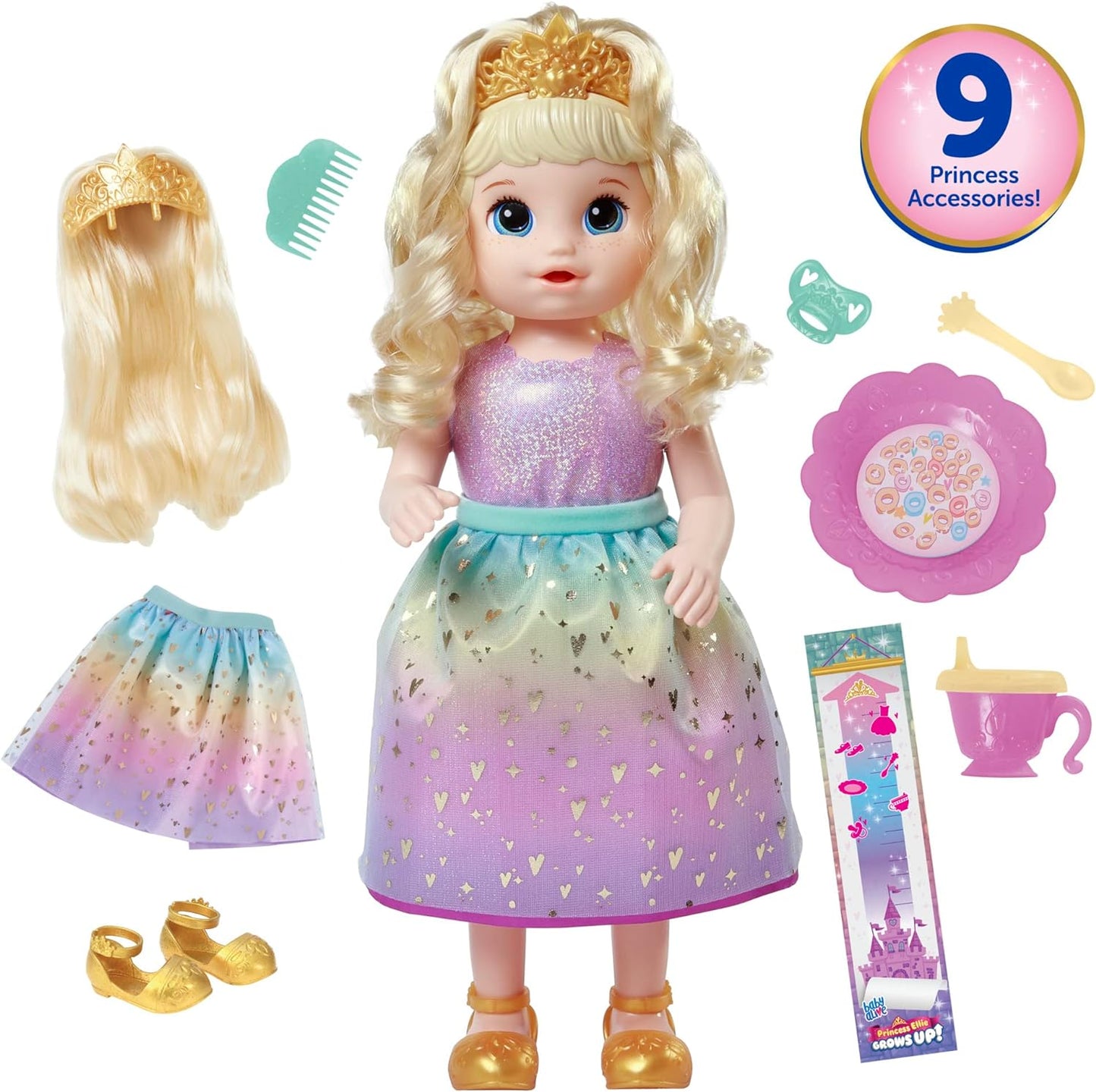 Baby Alive Princesa Ellie cresce! Boneca interativa com acessórios, bonecas falantes, brinquedos para meninas e meninos de 3 anos e mais, cabelo loiro, 18 polegadas