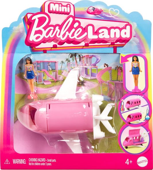 Barbie Mini BarbieLand Boneca e Conjunto de Veículo de Brinquedo, Boneca Barbie de 1,5 polegadas e Dreamplane com Portas Funcionais e Mudança de Cor, HYF40