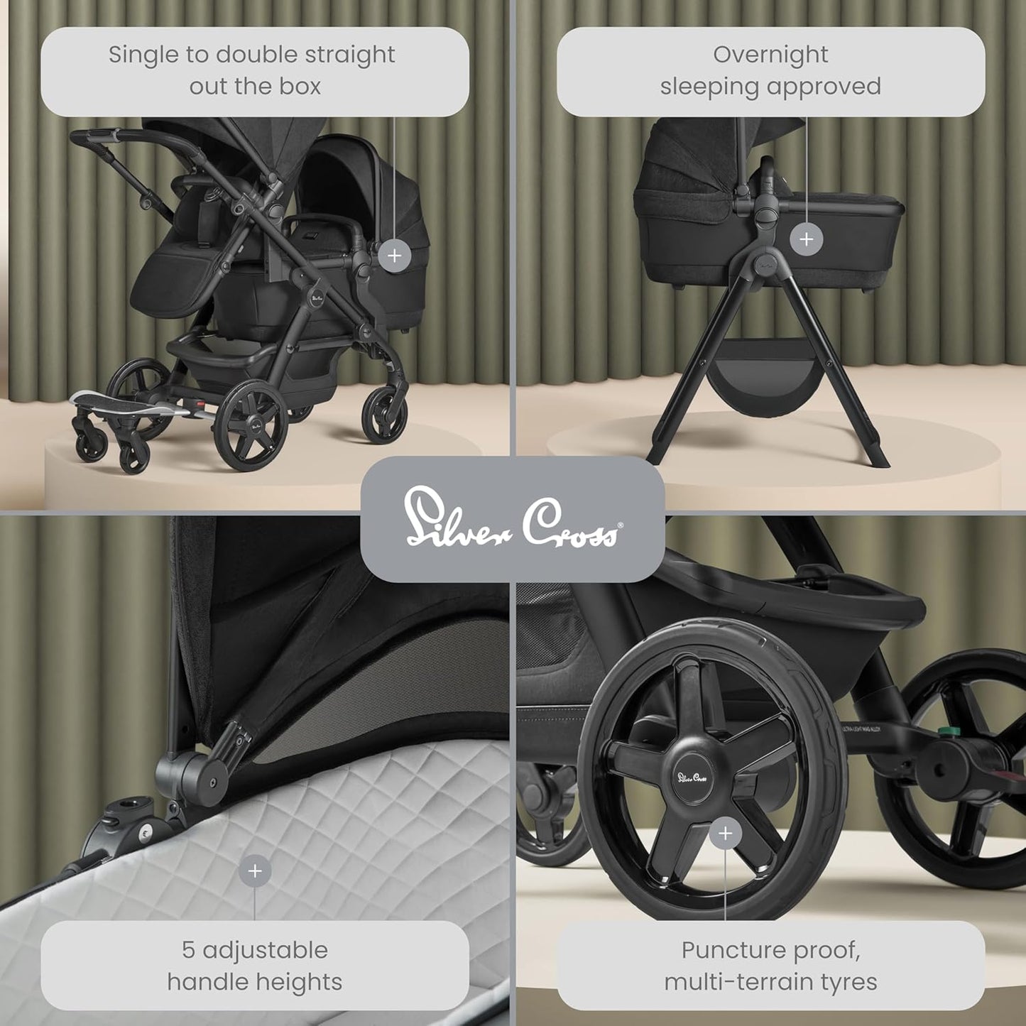 Silver Cross - Carrinho de bebê Wave simples a duplo e pacote de sistema de viagem Dream i-Size - Carrinho de bebê 2 em 1 - Buggy duplo estreito e sistema de viagem - Recém-nascido a 4 anos (22 kg) - Onyx