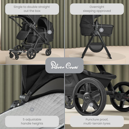 Silver Cross - Pacote de carrinho de bebê Wave - Carrinho de bebê 2 em 1 com 1 alcofa e 2 assentos de carrinho - Buggy duplo estreito - Compatível com assento de carro - Recém-nascido a 4 anos (22 kg) - Onyx