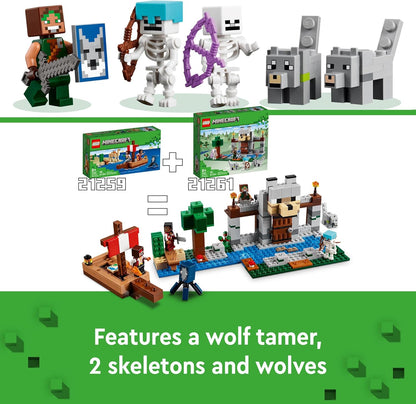 LEGO Conjunto de fortaleza Minecraft The Wolf Stronghold, brinquedo de construção para meninos e meninas de 8 anos ou mais, inclui mesa de artesanato, 2 figuras de esqueleto e lobo para ação de castelo, presente de aniversário para crianças 21261