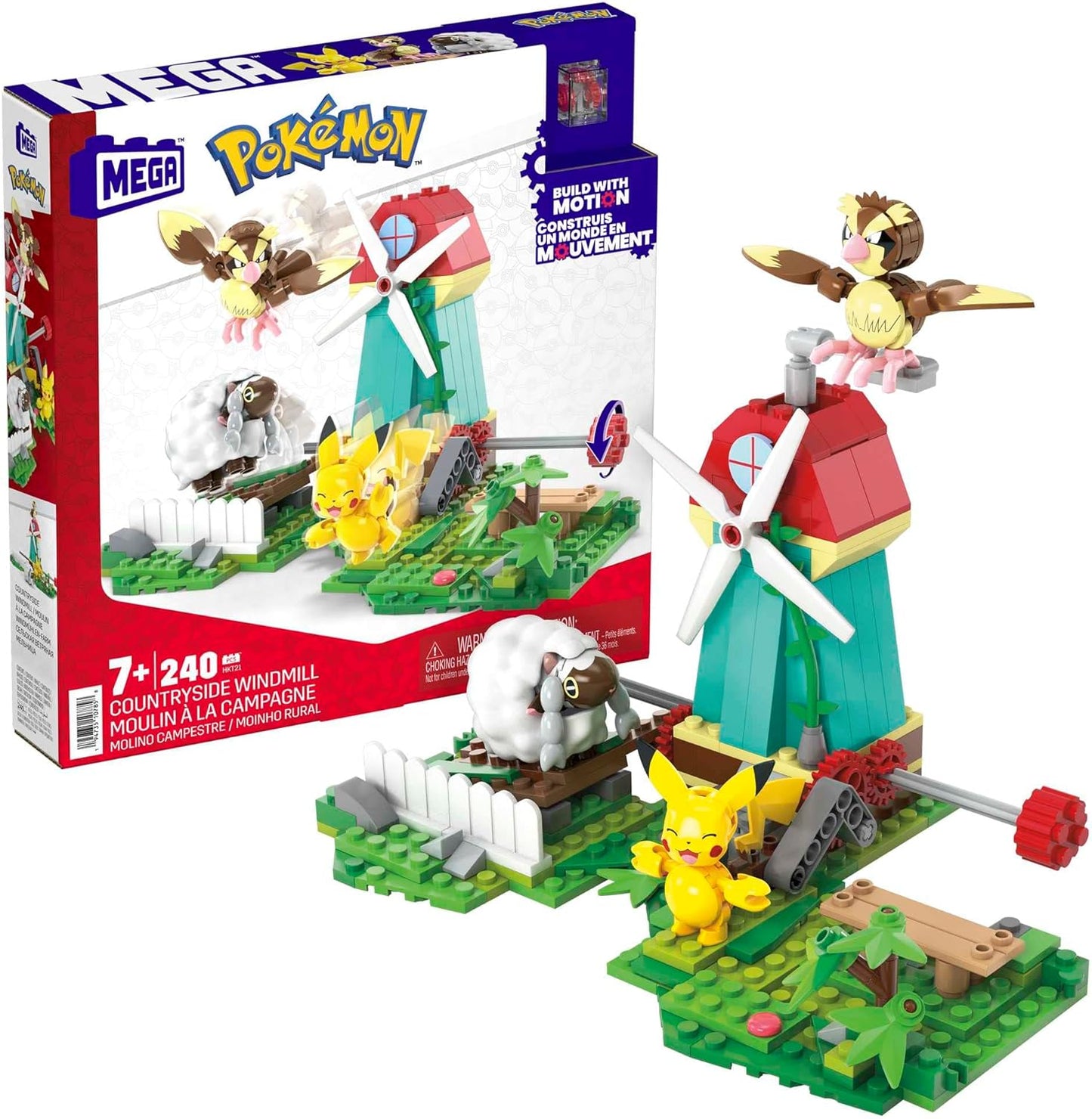 MEGA Conjunto de brinquedos de construção Pokémon, moinho de vento rural com 240 peças, movimento e 3 figuras de ação articuladas, para crianças, HKT21