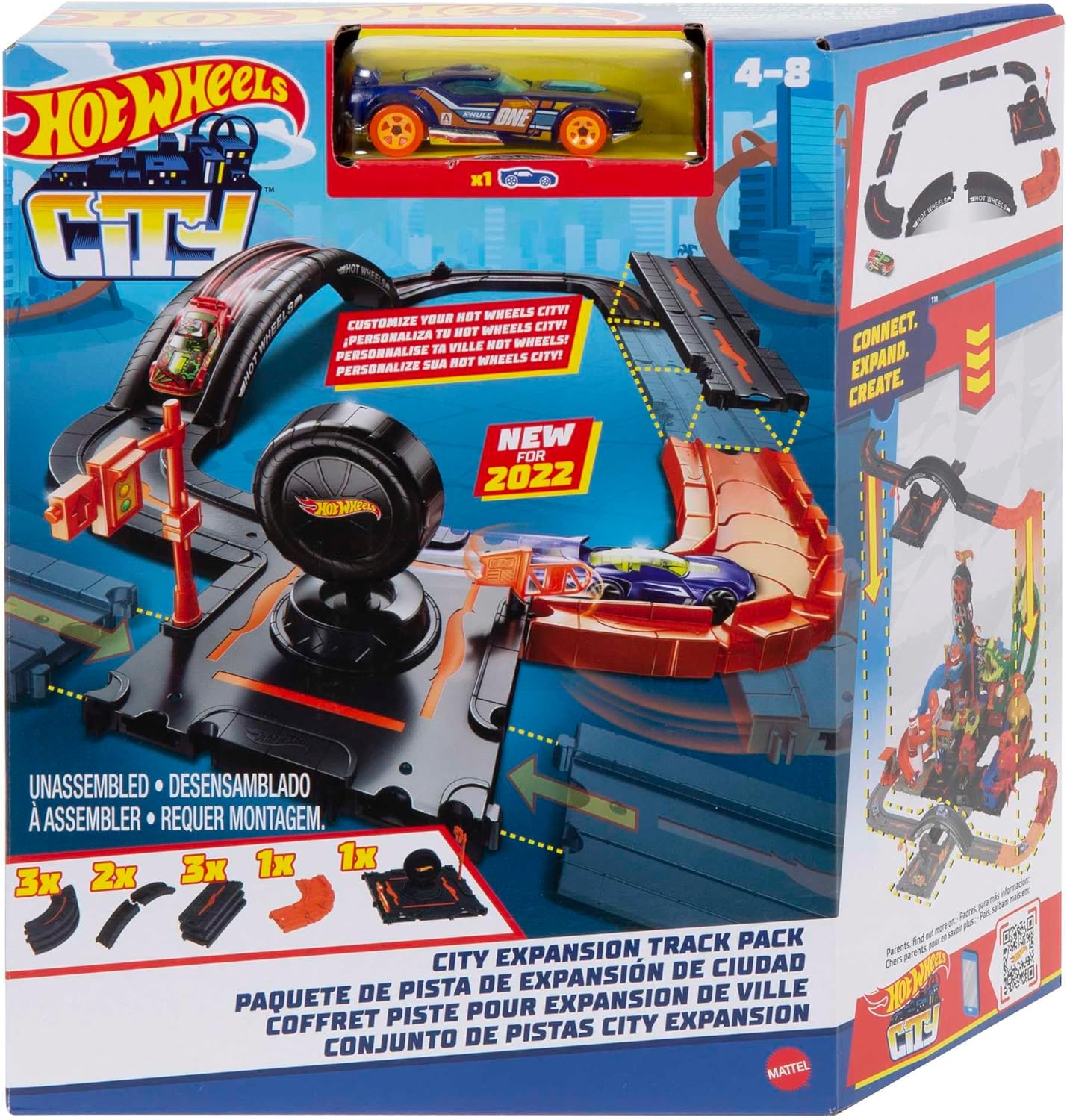 Hot Wheels Pacote de pistas City, conjunto de 10 peças inclui base de pista e várias peças de pista para construir uma paisagem urbana, com 1 carro Hot Wheels, conecta-se a outros conjuntos, presente para crianças de 4 anos ou mais,