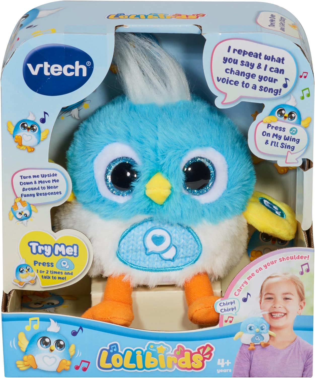 VTech LoLibirds, brinquedo interativo para passarinhos com respostas engraçadas, olhos que mudam de cor, música e sons, fica no seu ombro, presente para crianças de 4, 5, 6 anos ou mais, azul, versão em inglês