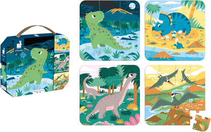 Janod - 4 puzzles de dinosaurios - Puzzle progresivo infantil - De 6 a 16 piezas - Desarrolla la paciencia y la destreza - Fabricado en Francia - Juego educativo para mayores de 24 meses,