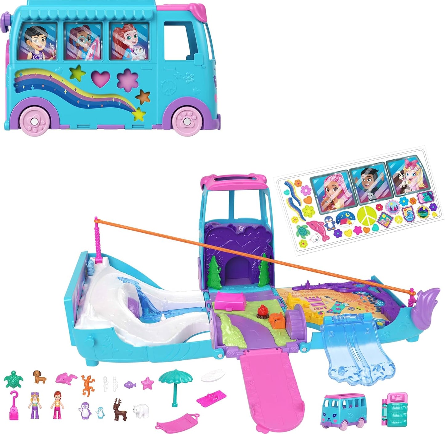 Polly Pocket Micro Dolls e veículo camper van transformador, acessórios incluem animais de estimação e carro de brinquedo, conjunto de jogos de aventura móvel para animais de estimação, JCC22