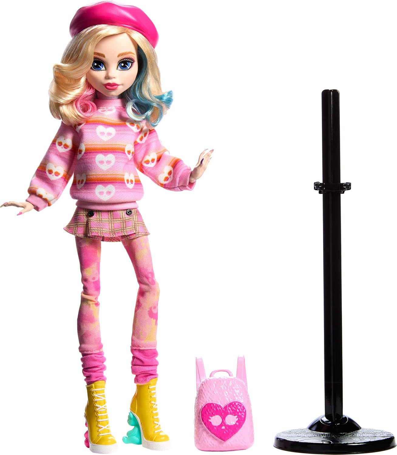 Monster High Boneca e acessórios Wednesday, Enid Sinclair colecionável na moda rosa com boina e mochila, suporte para boneca, HXJ05