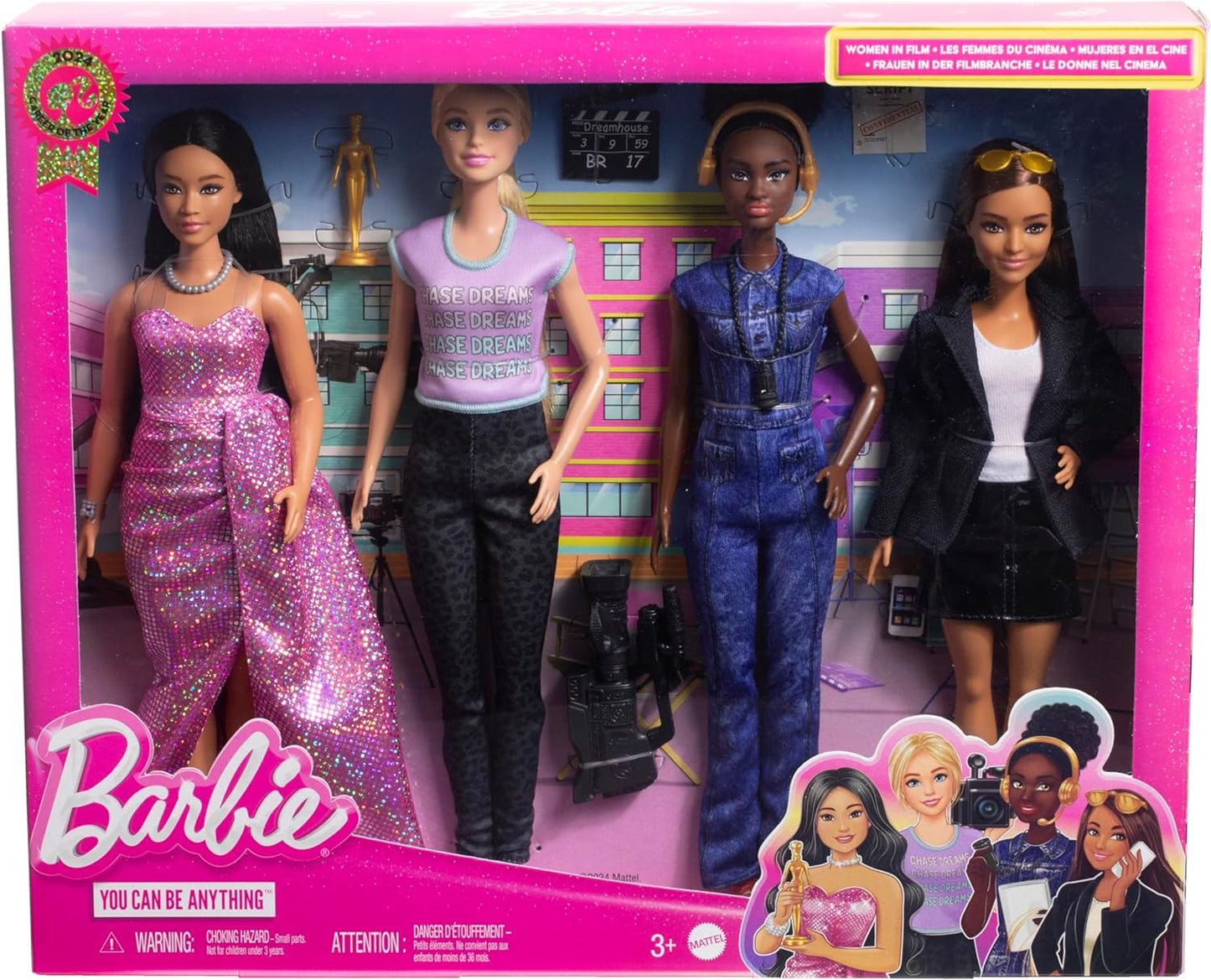 Barbie Conjunto de 4 bonecas e acessórios Careers, Mulheres no cinema com executivo de estúdio, diretor, diretor de fotografia e estrela de cinema em looks removíveis, HRG54