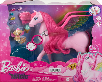 Barbie Um Toque de Mágica Pégaso, Pégaso Rosa com Cabelo Rosa e Asas de Arco-Íris, Luzes e Sons, Cachorrinho de Brinquedo, 10 Acessórios de Brinquedo, Brinquedos para Idades de 3 e Acima, Uma Barbie Pégaso, HLC41