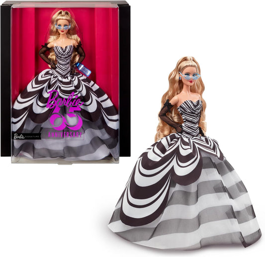 Barbie  Boneca Signature, colecionável do 65º aniversário com cabelo loiro, vestido preto e branco, brincos de safira e óculos de sol, HRM58