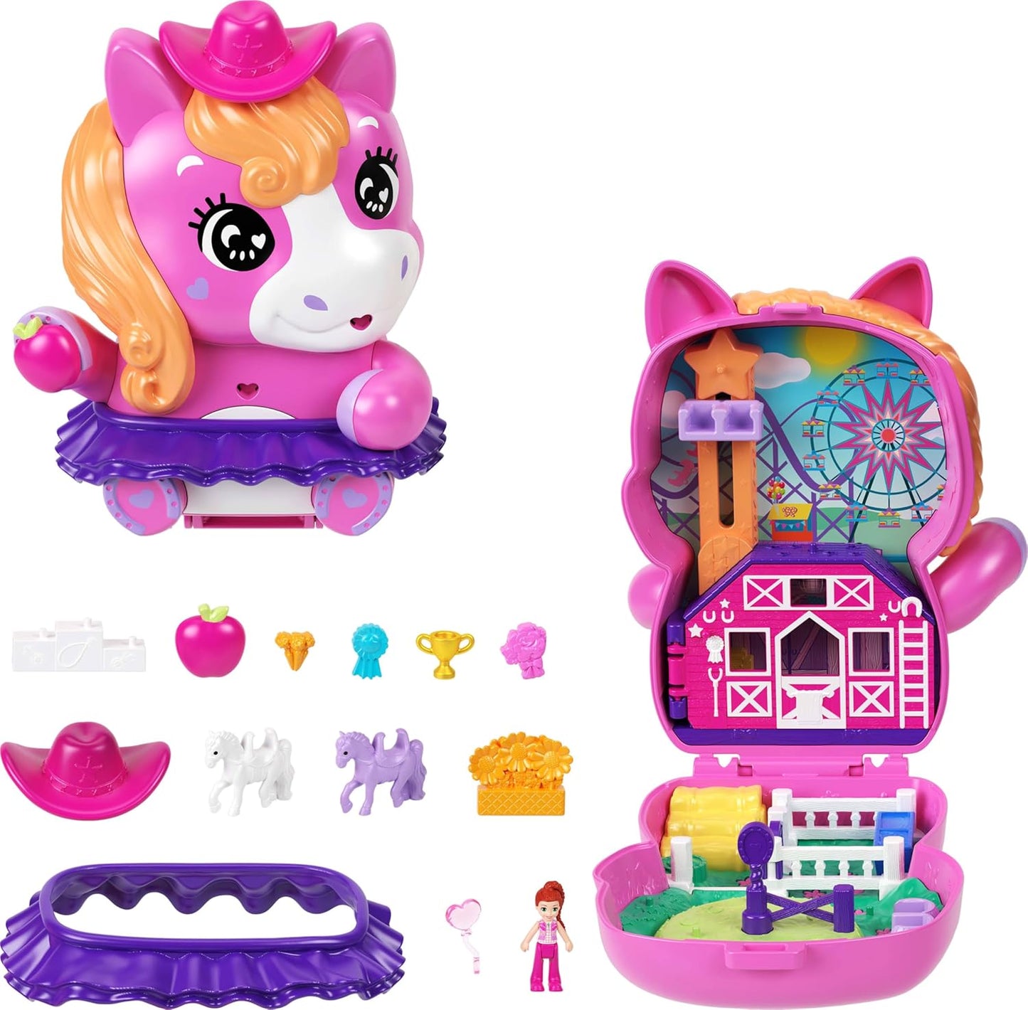 Polly Pocket Dolls e Playset, Pony Rodeo Compact, brinquedo de viagem com 1 micro boneca, cavalos de estimação, acessórios de estilo de comida e moda, JCR39