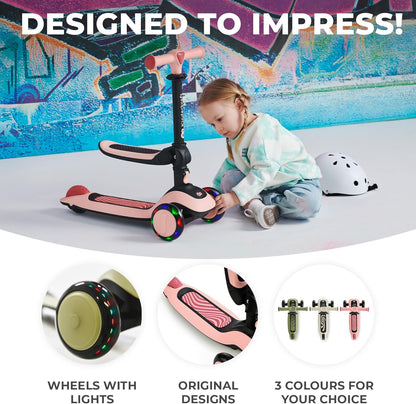 Kinderkraft Scooter Halley 2 em 1 para crianças de 1+ anos até 50 kg, scooter de 3 rodas, bicicleta de equilíbrio, fácil de dobrar, 2 rodas dianteiras piscantes, guidão ajustável, fácil de manusear, pesa apenas 3 kg, rosa