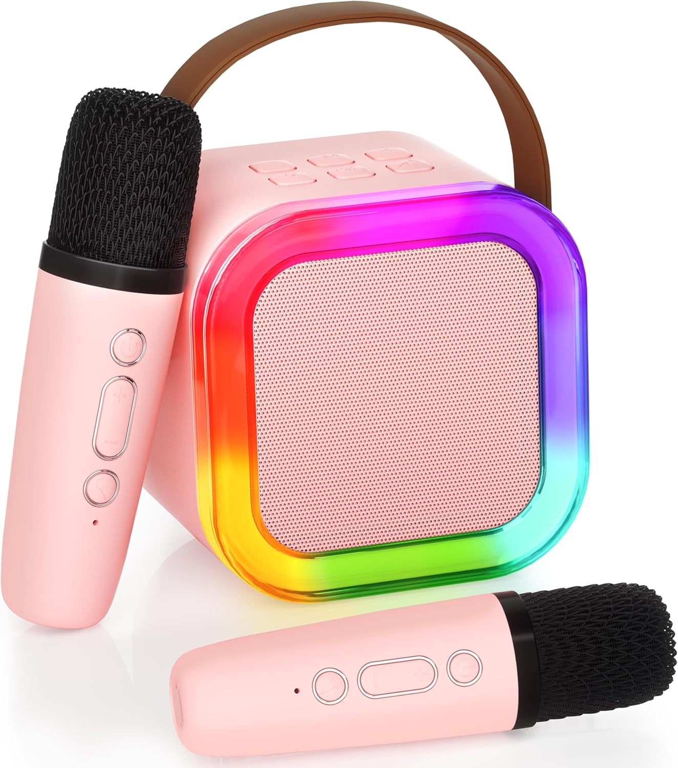 Máquina de karaokê para crianças e adultos, mini alto-falante Bluetooth portátil com 2 microfones sem fio, brinquedos infantis, presentes de aniversário para meninas