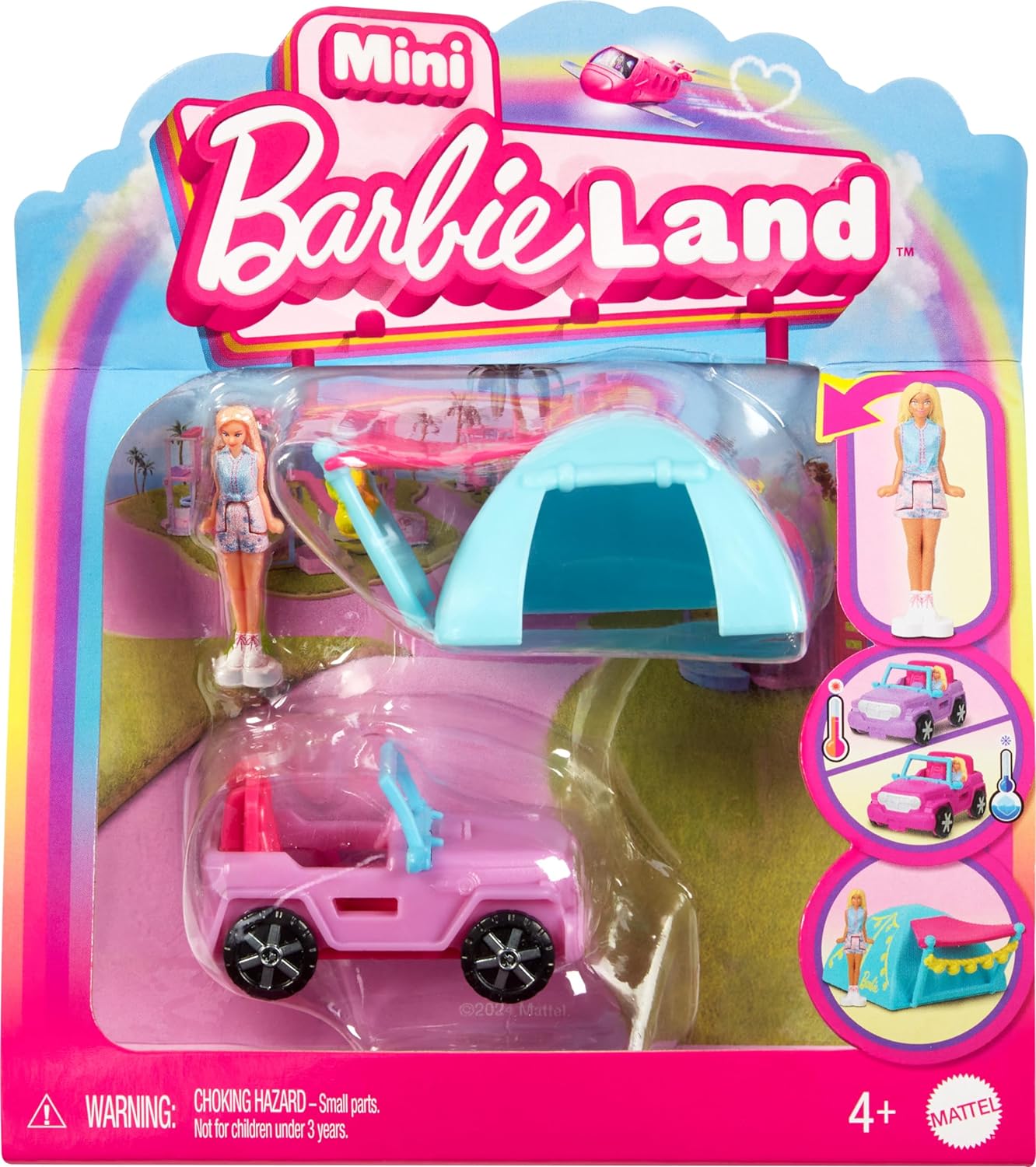 Barbie Mini BarbieLand Boneca e Conjunto de Veículo de Brinquedo com Boneca Barbie de 1,5 polegadas, SUV que muda de cor e Acessório de Tenda, HYF43