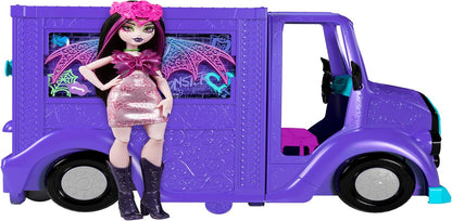 Monster High Boneca e playset Draculaura, Fangtastic Rockin’ Food Truck com transformação de palco removível e mais de 13 acessórios temáticos de comida e música, HXH83