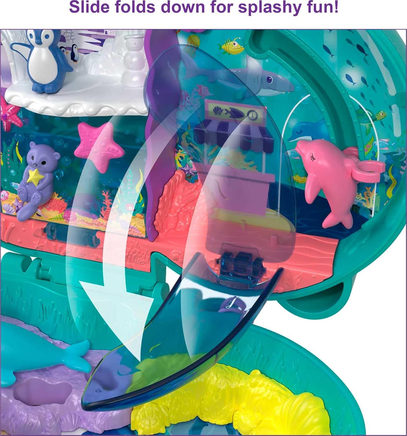 Polly Pocket Otter Aquarium Compact, Toy Surprises, 12 acessórios para brinquedos pop e swap, 2 bonecas Polly Pocket, brinquedos para maiores de 4 anos, um playset Polly Pocket, HCG16