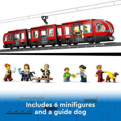 LEGO Conjunto de brinquedos de construção de veículos de estação e bonde City Downtown para crianças, meninos e meninas de mais de 7 anos, com 6 minifiguras e uma figura de cão-guia para dramatização, ideia de presente de aniversário,