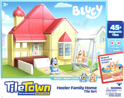 Tile Town Bluey Heeler Home Magnetic Tiles Construction Building Playset com figuras Bluey e Bingo, crianças de 3 a 5 anos ou mais, novos blocos de ação para brincadeiras de ação, construções realistas, brinquedo criativo STEM